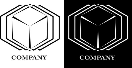 abstract cube on white and black background / lines / set of two logos