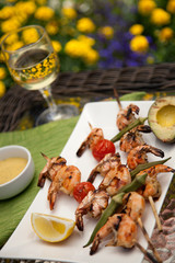 Grilled Shrimps Skewers for Dinner in Garden