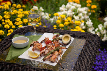 Grilled Shrimps Skewers for Dinner in Garden