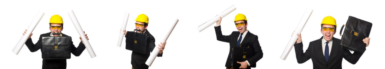 Funny architect with drawings on white