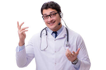Young doctor with phone headset isolated on white