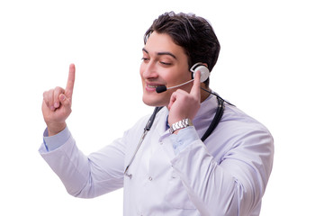 Young doctor with phone headset isolated on white