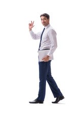 Businessman walking standing side view isolated on white backgro