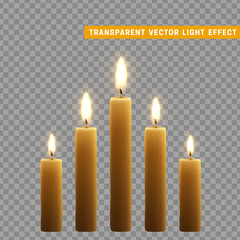 Candles burn with fire realistic. Set isolated on transparent background. Element for design decor, vector illustration