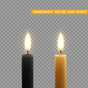 Candles burn with fire realistic. Set isolated on transparent background. Element for design decor, vector illustration