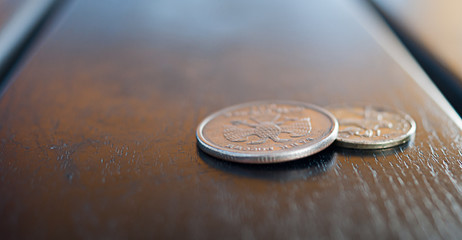 Close view of a couple of coins on a street café table