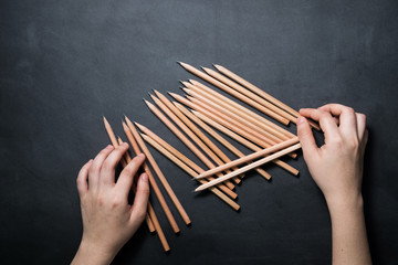 School equipment and supplies for work on a black background., Education concept., Top view.