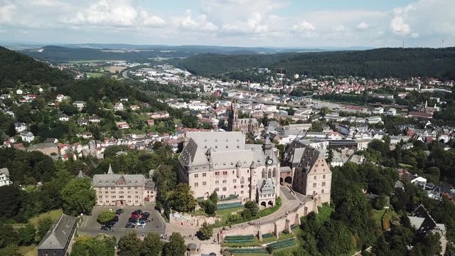 Aerial view over the old town of Marburg. Hesse, Germany