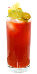 Cocktail bloody mary decorated lime slices and olives isolated