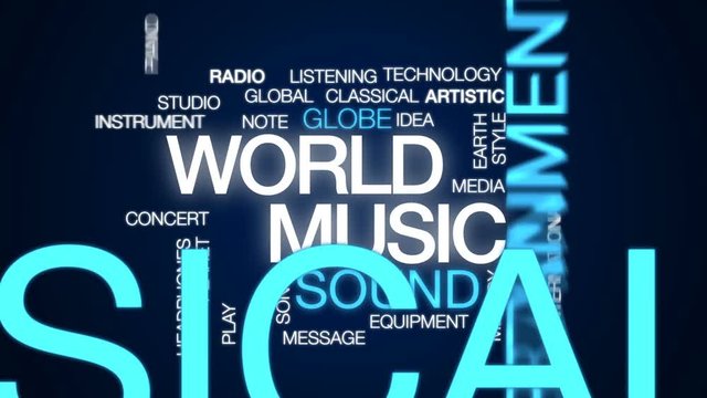 World music  animated word cloud, text design animation.