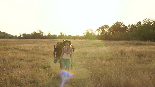 Young girl leads behind a reins horse on dry grass in a field at sunset, slow motion.