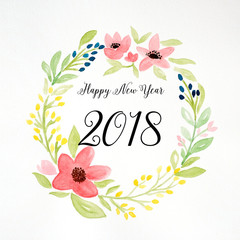 Happy new year 2018 on hand painting flowers wreath in watercolor style over white paper...