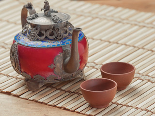 Vintage Chinese teapot made of old jade and Tibet silver with monkey lid