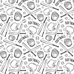 Seamless pattern with image of softball equipment. Black pattern on white background
