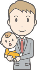 Illustration that a businessman wearing a suit holds a baby