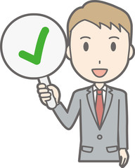 Illustration that a businessman wearing a suit has a checkmark tag