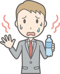 Illustration that a businessman wearing a suit is hot and drinking water