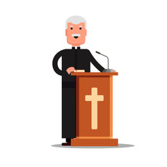 Pastor character standing with cross, Bible, tribune isolated on white background. Preacher man flat style - Vector stock illustration