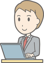 Illustration that a businessman wearing a suit is operating a laptop computer