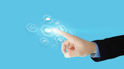 hand touching people icon. Social media concept.