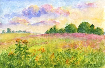 Poster Sunset meadows - watercolor landscape © rosinka
