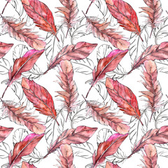 Watercolor bird feather pattern from wing. Aquarelle feather for background, texture, wrapper pattern, frame or border.