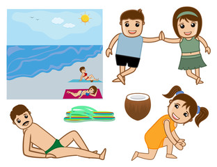 Cartoon People Enjoying at Beach Vector Illustration