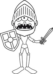 ritter kämpfer mittelalter rüstung schild schwert großer kopf gesicht monster fressen böse alien süß niedlich horror ausserirdischer halloween comic cartoon