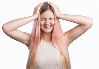 Fototapeta premium Showing emotions. Young cute funny looking woman, shocked. Isolated on white background