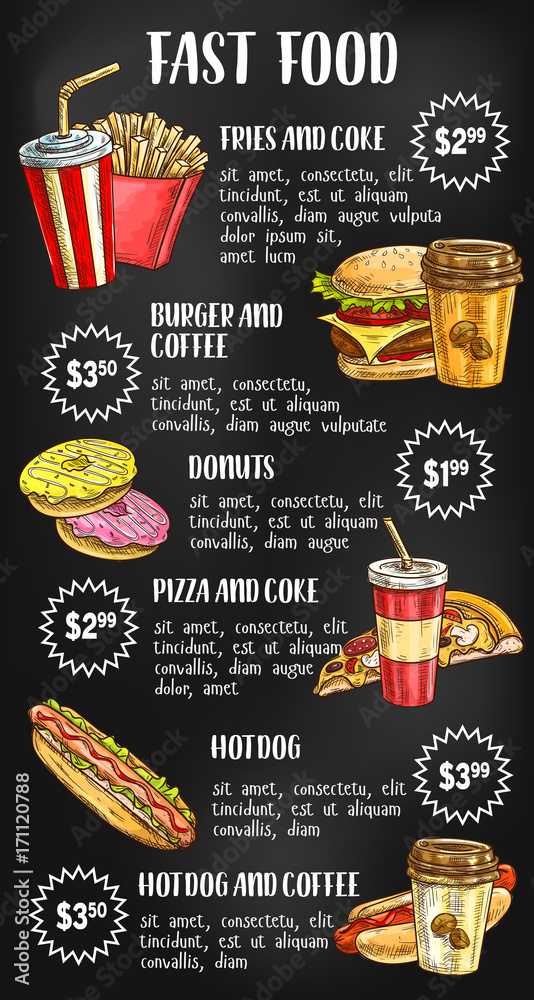 Wall mural Fast food menu on chalkboard design