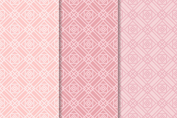 Geometric backgrounds. Set of soft pink seamless patterns