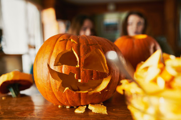 close up of halloween jack-o-latern pumpkin that was just carved