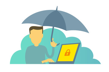 Obraz na płótnie Canvas The man with umbrella. Protect your computer from viruses. Insurance. Antivirus protection. Vector Illustration