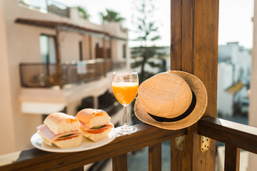 tasty sandwich and juice breakfast