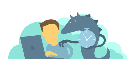 Monster reminds the worker of deadline. Time to take the project. Man does not have time to make project.