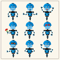 Set funny robot on wheel in different poses. Collection isolated robot on wheel in cartoon style showing different emotions.