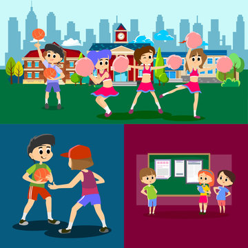 cheerleader dancing in uniform with pom poms, teenager girl school team concept, elementary and high school sport activity vector illustration