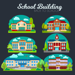 modern school buildings exterior, student city concept, elementary school facade urban street background, icons set vector illustration