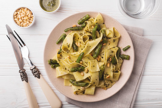 Vegetarian Pappardelle Pasta With Green Bean, Pesto, Pine Nuts