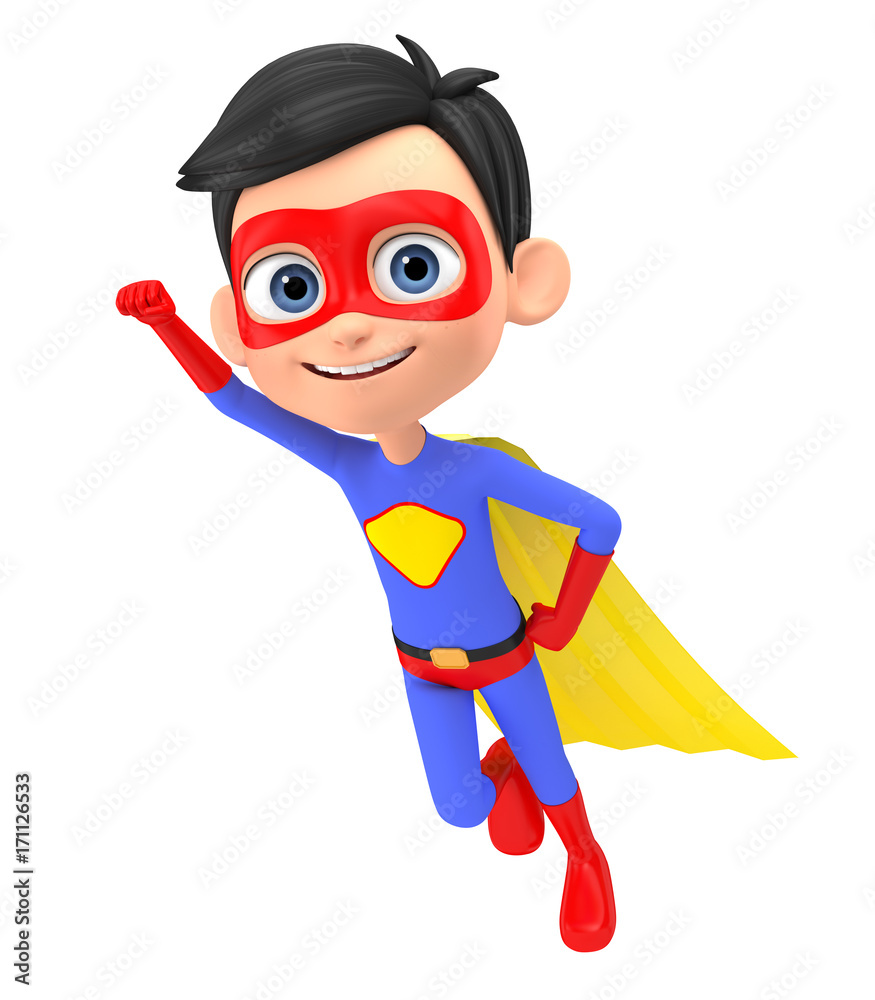 Wall mural boy super hero flying a white background. 3d rendering.