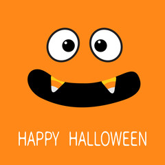 Happy Halloween. Scary face emotions. Big eyes, mouth with candy corn Vampire tooth fang. Baby Greeting card. Flat design style . Orange background.