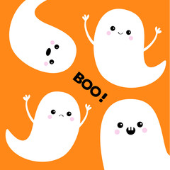Flying ghost spirit set. Boo. Happy Halloween. Four scary white ghosts. Cute cartoon spooky character. Smiling Sad face, frightening scaring hands. Orange background. Greeting card Flat design.