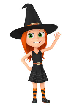 Girl witch raised her hand up in greeting. 3d render illustration.