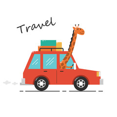 Plakat Giraffe driving car. Giraffe going on holiday vacation