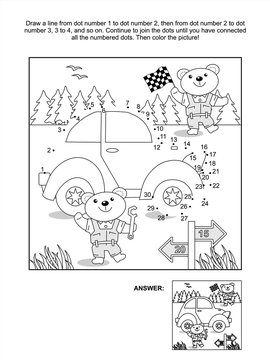 Connect the dots picture puzzle and coloring page with toy classic car and bear mechanics. Answer included.
