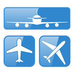 Airplane icons. White silhouette on blue background. Square shiny 3d icons