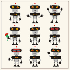 Set black-gray robot in different poses. Collection isolated robots in cartoon style showing different emotions.