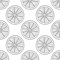 Orange slice. Black and white hand drawn sketch as seamless pattern