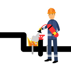 Oilman character in a blue uniform extinguishing a fire on an oil pipeline using a fire extinguisher vector Illustration