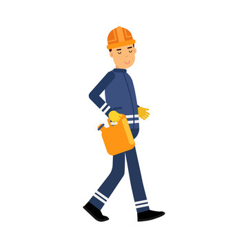 Oilman character in a blue uniform carrying orange jerrican, oil industry extraction and refinery production vector Illustration